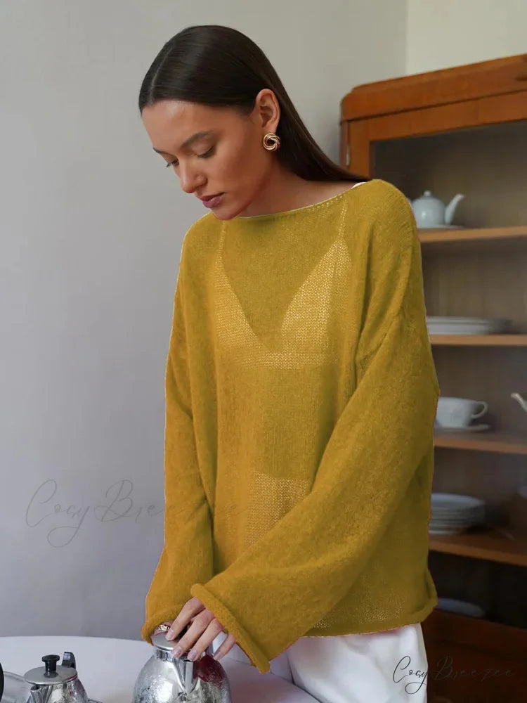 Hollow See-through O-neck Long Sleeve Sweater Yellow / S swraters-241228