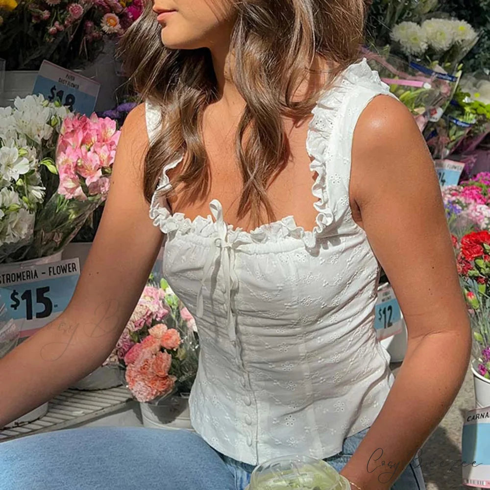 Hollowed Eyelet Ribbon Crop Top croptop-250223