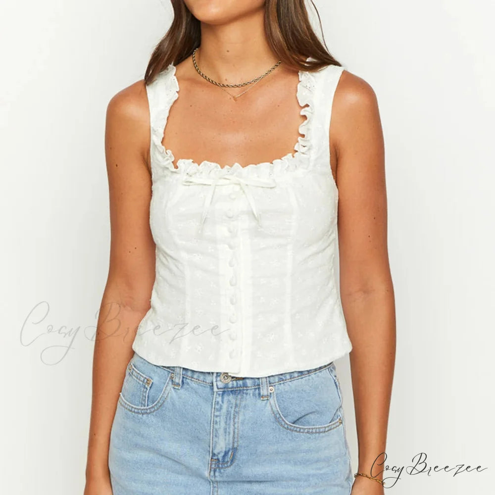Hollowed Eyelet Ribbon Crop Top croptop-250223