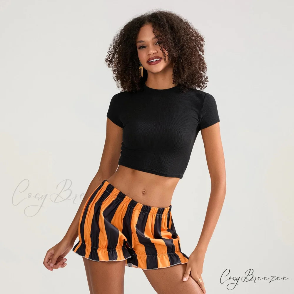 Holloween Stripe Elastic Waist Shorts short-250223