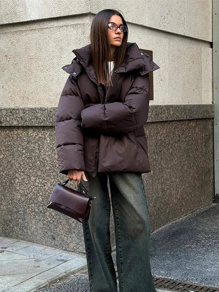 Hooded Cotton Quilting Coat Brown / S