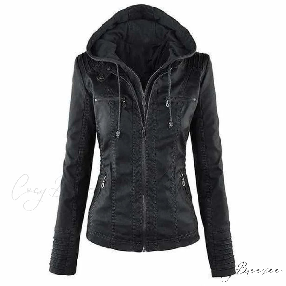 Hooded Leather Jacket Black / XS