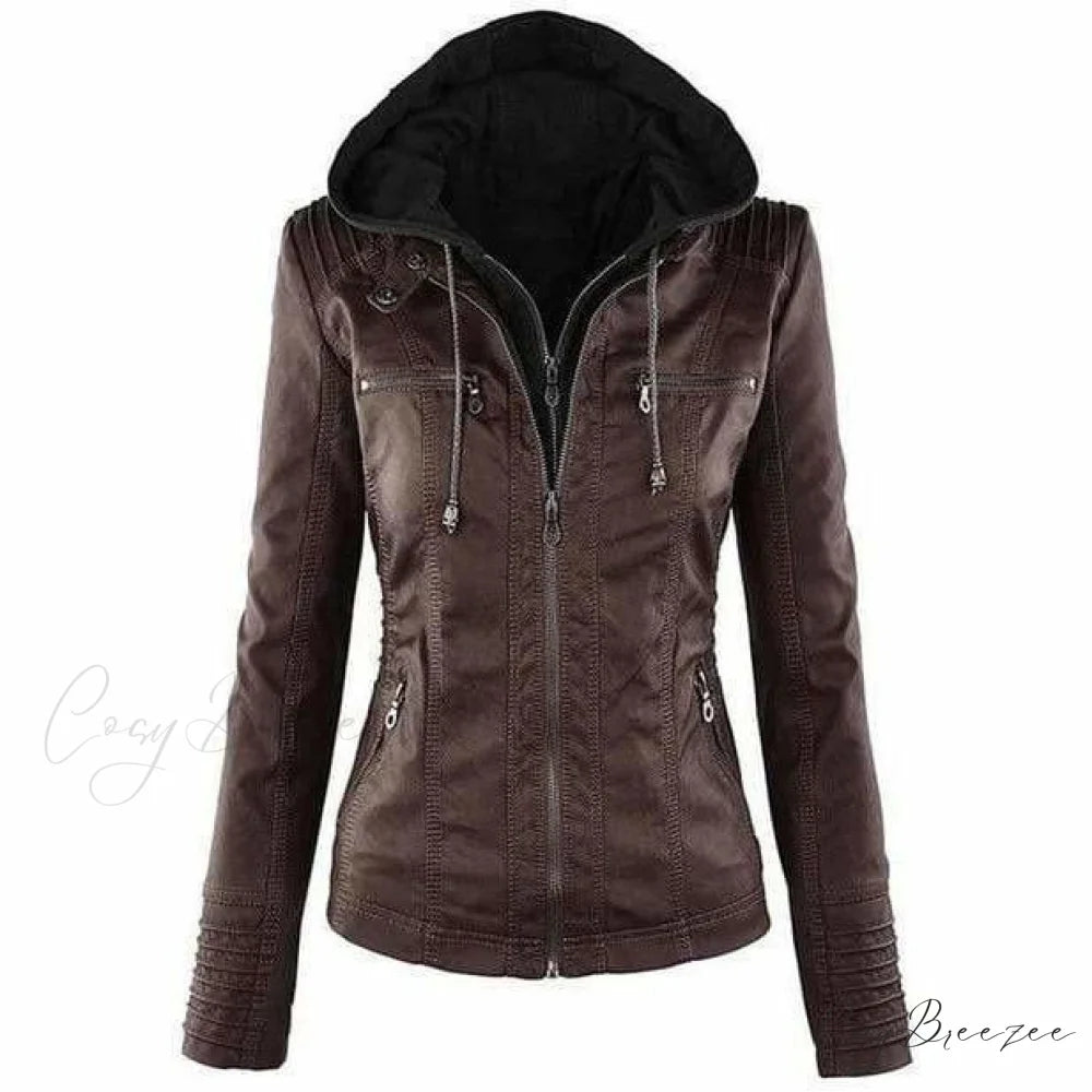 Hooded Leather Jacket Coffee / XS
