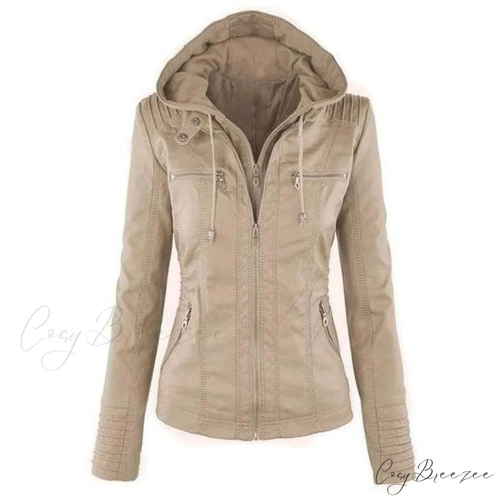 Hooded Leather Jacket Light Apricot / XS