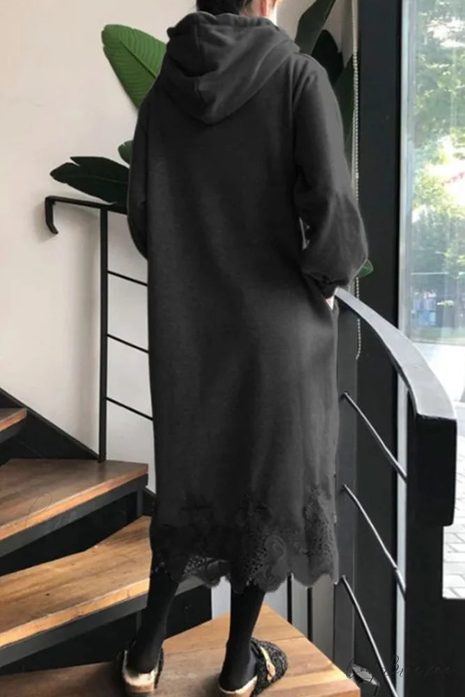 Hoodie Dress with Lace Hem Black / 4XL