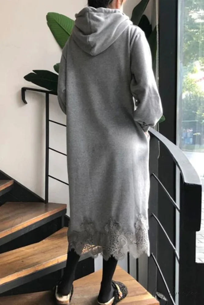 Hoodie Dress with Lace Hem Grey / 4XL