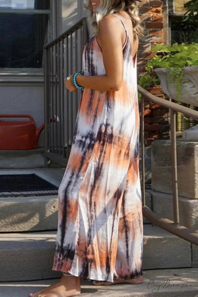 Hot Deep V Print Modern Floral Women Formal Maxi Dress Orange / S