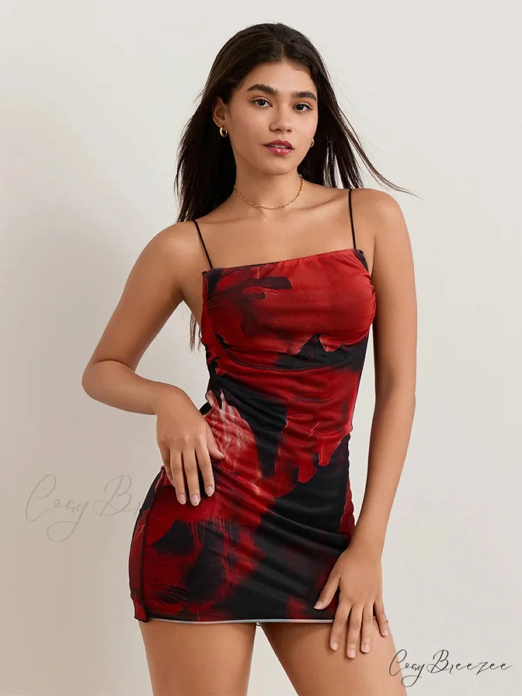Hot Floral Print Sheath Backless Spaghetti Mini Nightclub Dress floraldress-250126