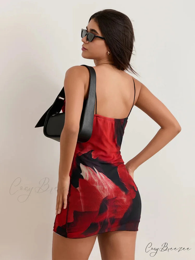 Hot Floral Print Sheath Backless Spaghetti Mini Nightclub Dress floraldress-250126