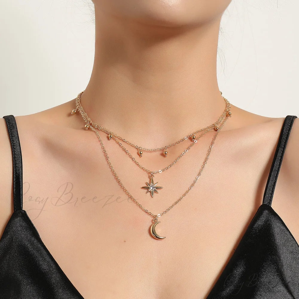 Hot Selling Metal Crescent Star Necklace GOLD