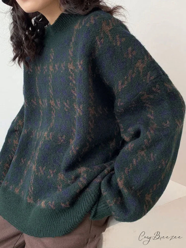 Houndstooth Button Graceful Front Pleated Dress Green / S