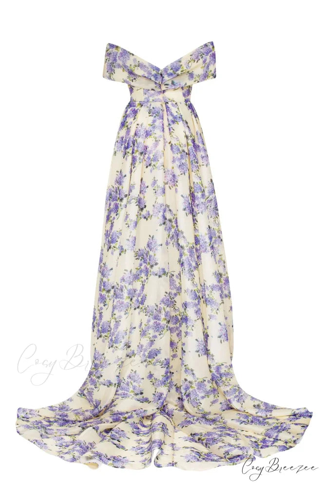 Hydrangea Chic Off-The-Shoulder Charming Floral Maxi Dress