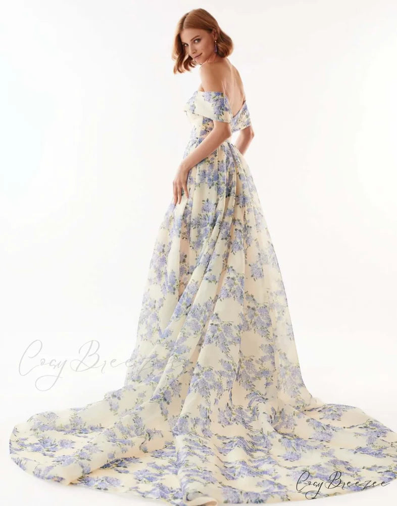 Hydrangea Chic Off-The-Shoulder Charming Floral Maxi Dress