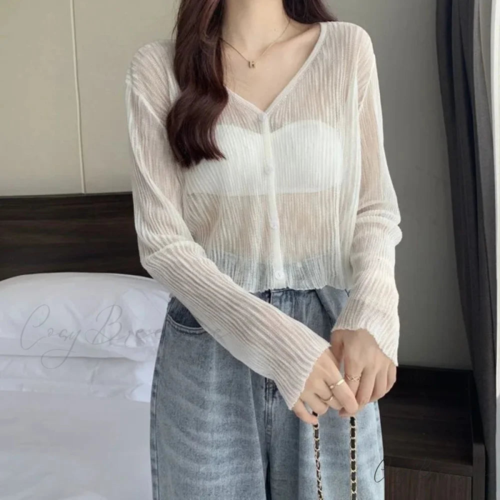 Ice Silk See-Through Thin Single Breasted Pink Knit Cardigan cardiagn-250126
