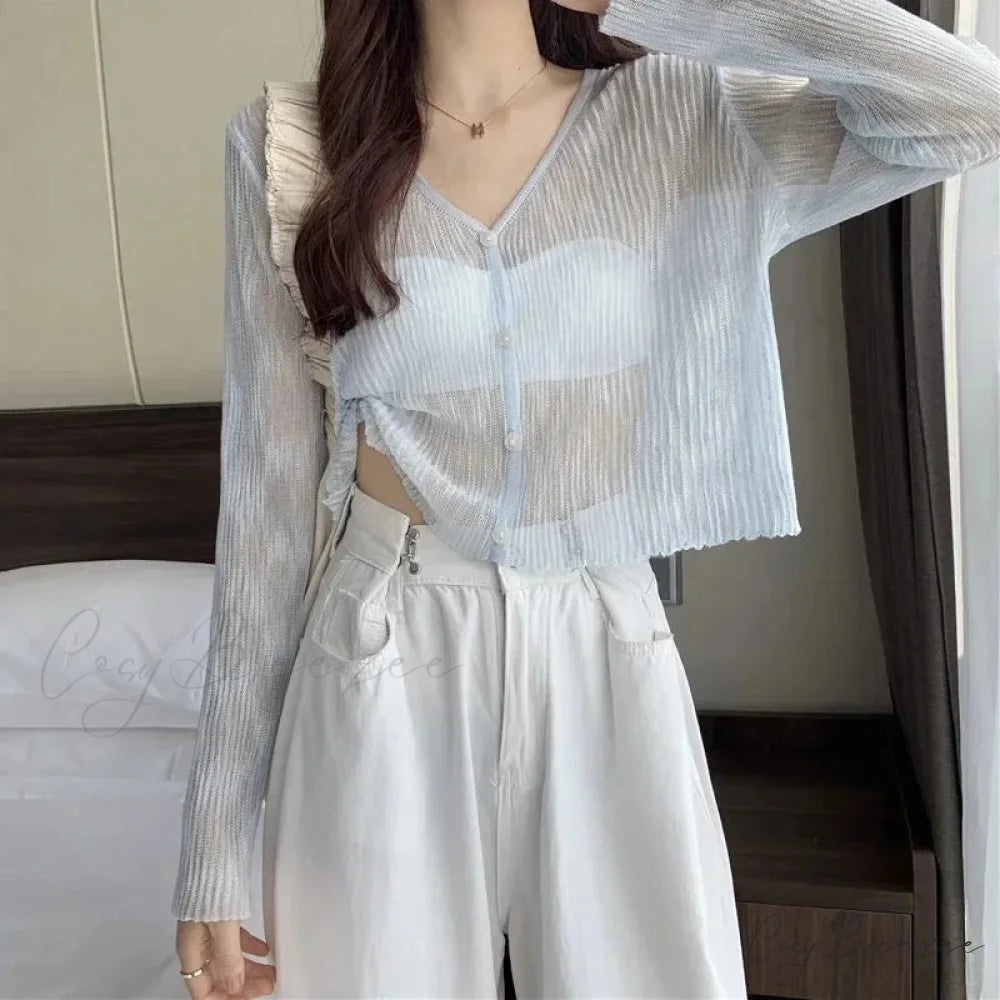 Ice Silk See-Through Thin Single Breasted Pink Knit Cardigan cardiagn-250126