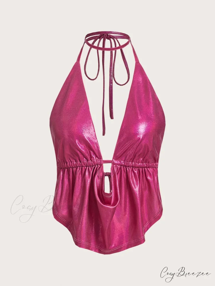 ICON Draped Front Backless Knot Hanky Hem Halter Top Hot Pink / XS