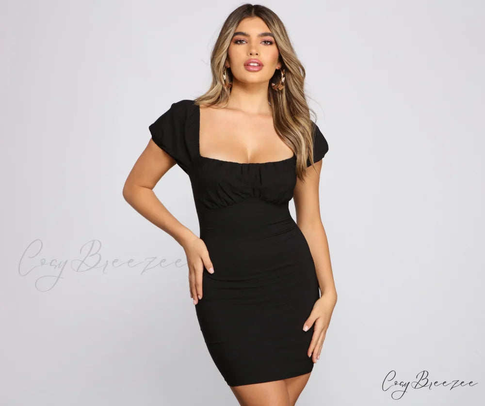 Iconic Glam Puff Charming Sleeve Mini Dress BLACK / XS