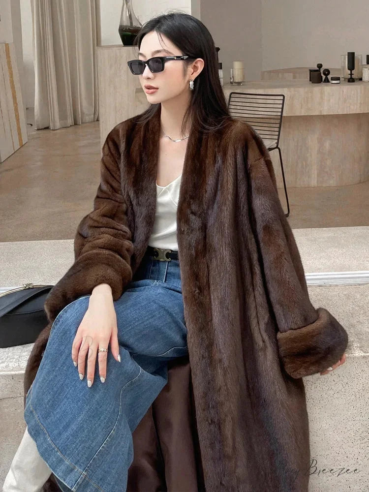 Imitation Mink Lapel Full Sleeve Coat coffee / S overcoats-241228