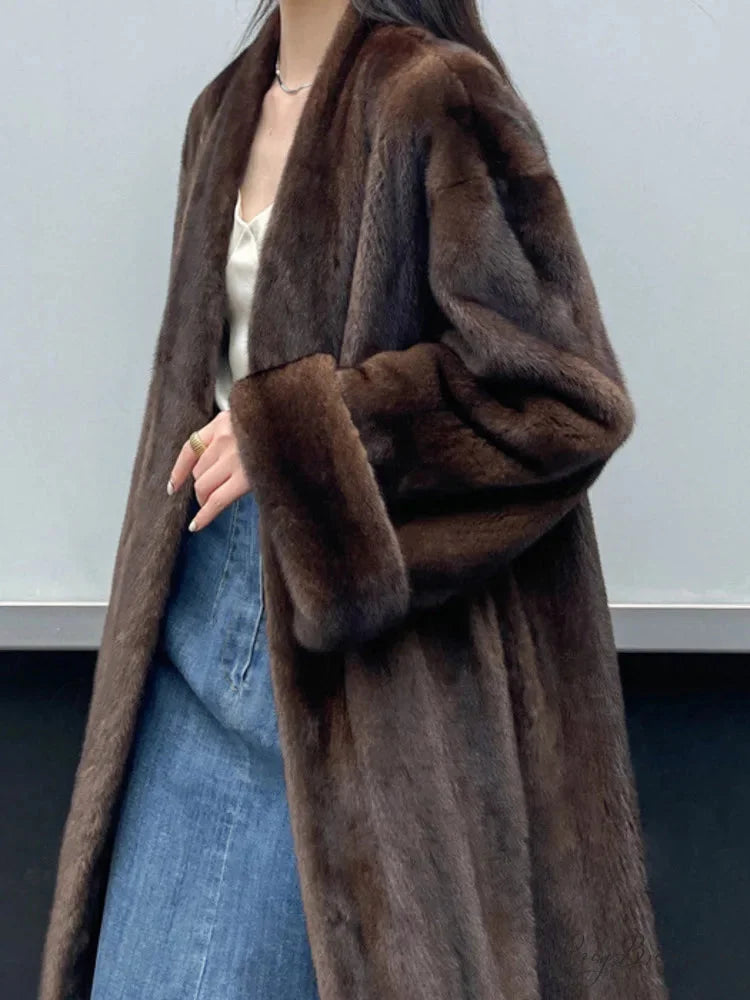 Imitation Mink Lapel Full Sleeve Coat overcoats-241228