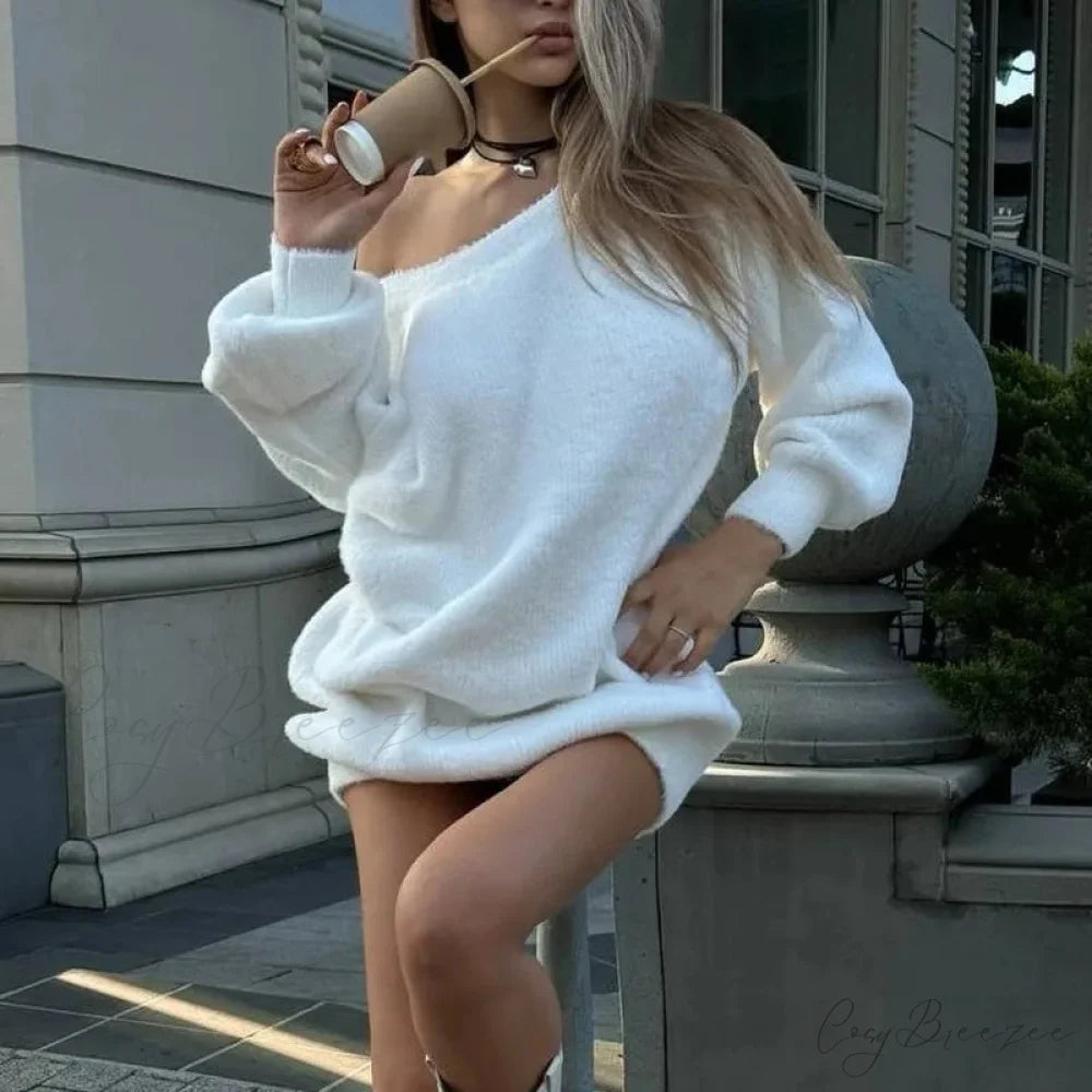 Imitation Mink Off-Shoulder Sweater WHITE / One Size swraters-241228