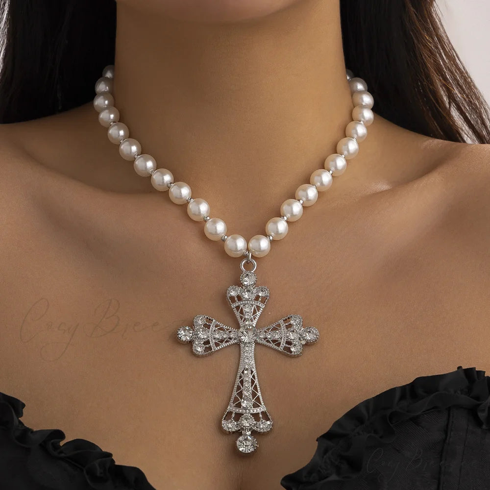 Imitation Pearl Cross Gothic Pendant Necklace SILVER