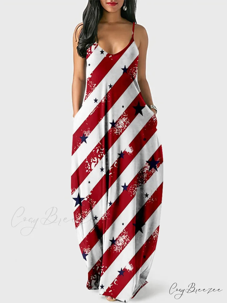 Independence Day Stylish Print Cami Dress Red / S