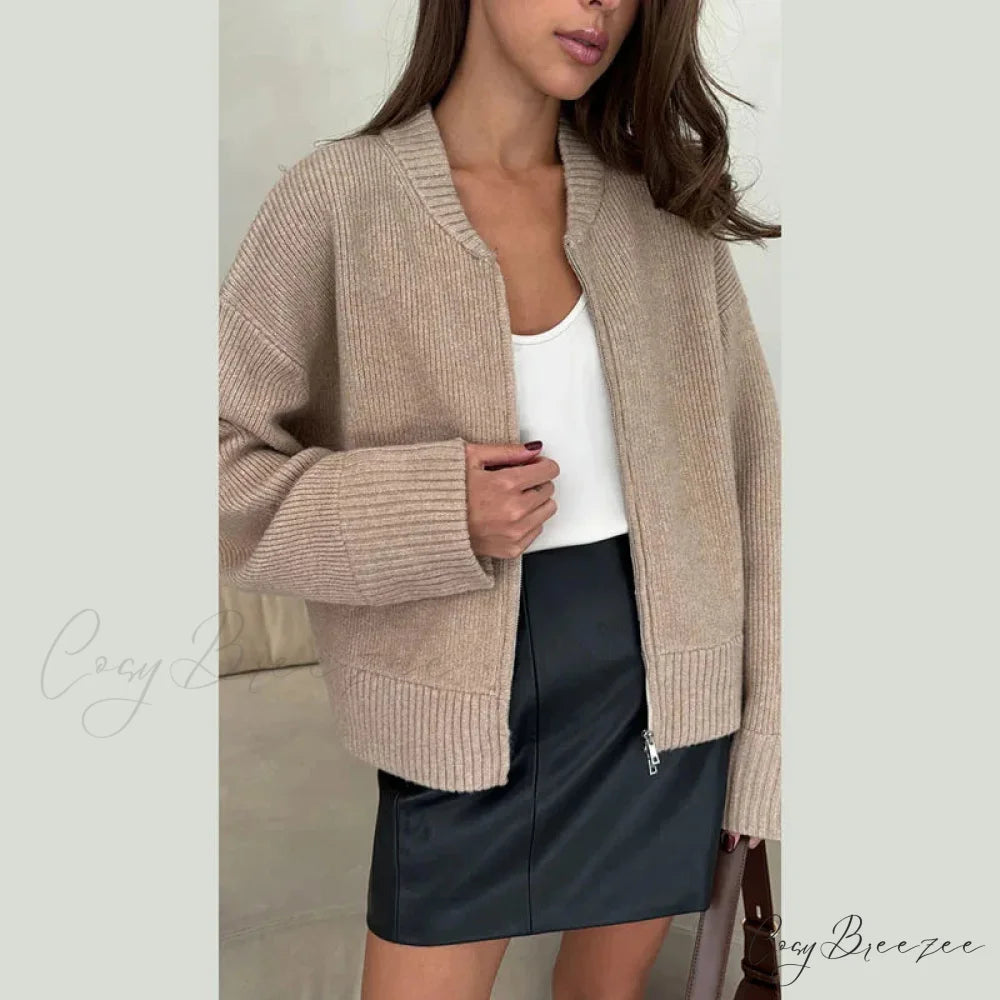 Informal Plain Slim Zipper Cardigan Khaki / S cardigans-241228
