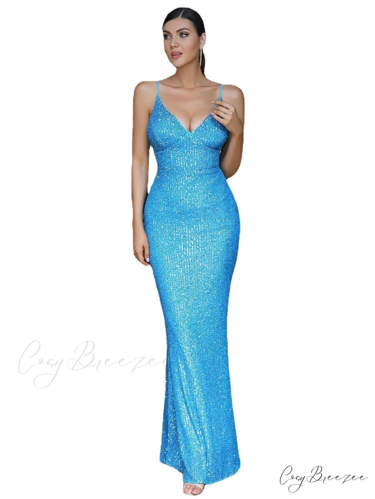 Irene Formal Backless Charming Glitter Mermaid Dress Lake Blue / S