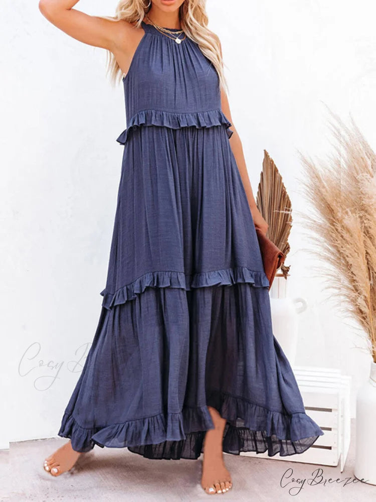 Irregular Cake Stylish Sleeveless Maxi Dress Blue / S