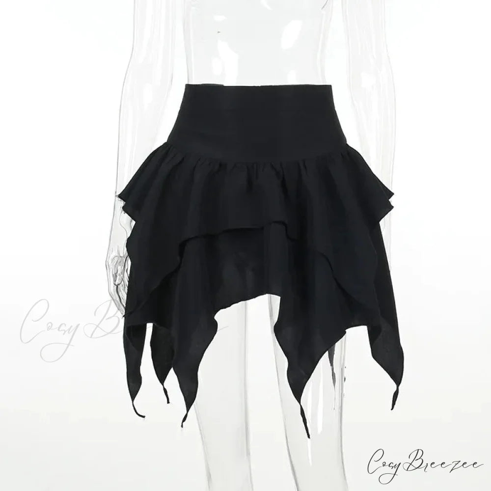 Irregular Sexy Solid Color Drawstring Tie-Up Ruched Ruffles Mini Skirt BLACK / S