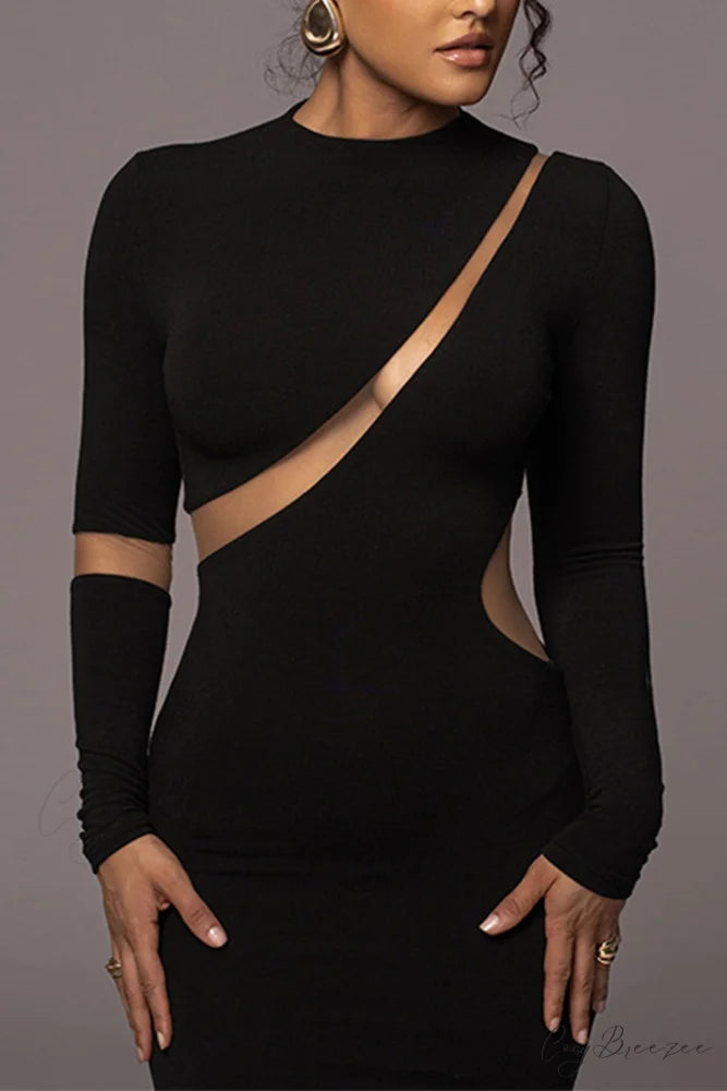 Irregular Slit Long Sleeve Dress Black / L