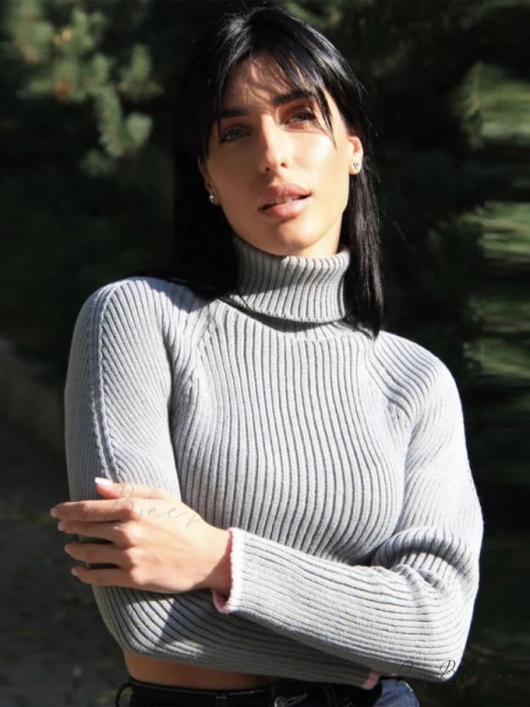 irregular sweater with hem turtleneck top short sleeve turtle long Women’s crop neck