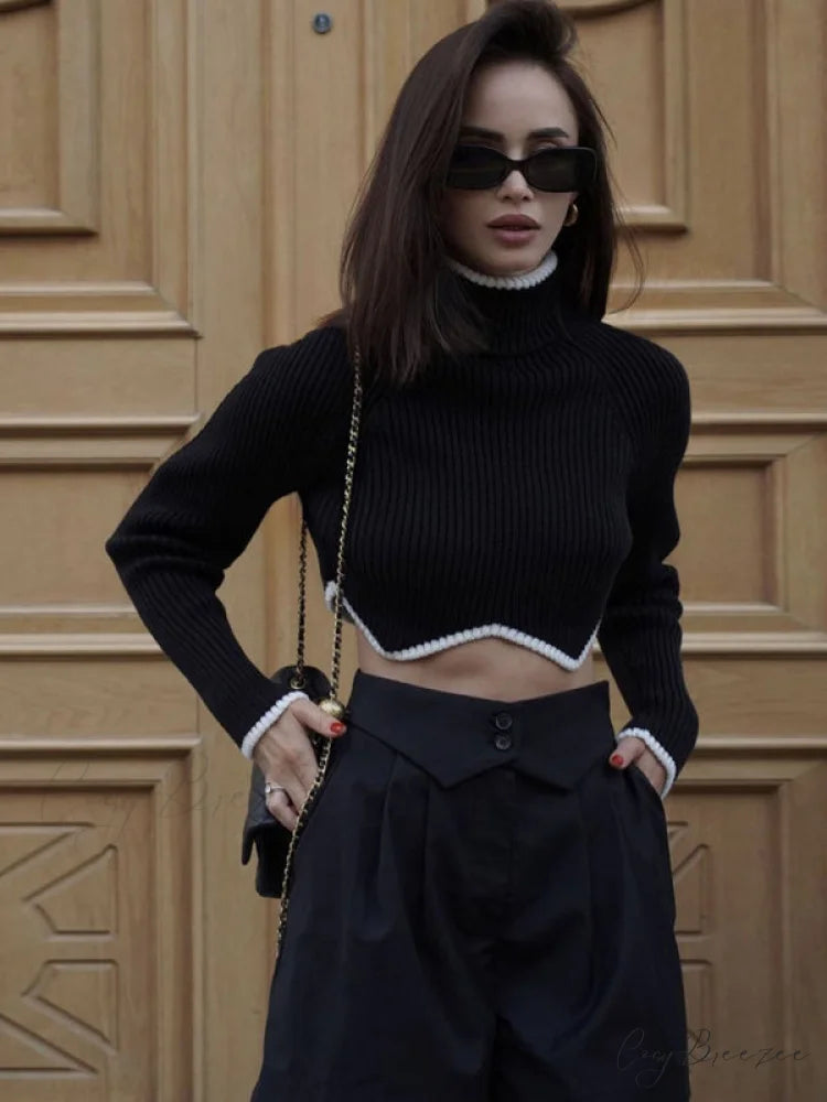 irregular sweater with hem turtleneck top short sleeve turtle long Women’s crop neck