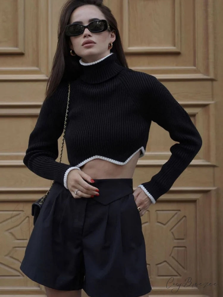 irregular sweater with hem turtleneck top short sleeve turtle long Women’s crop neck Black / S