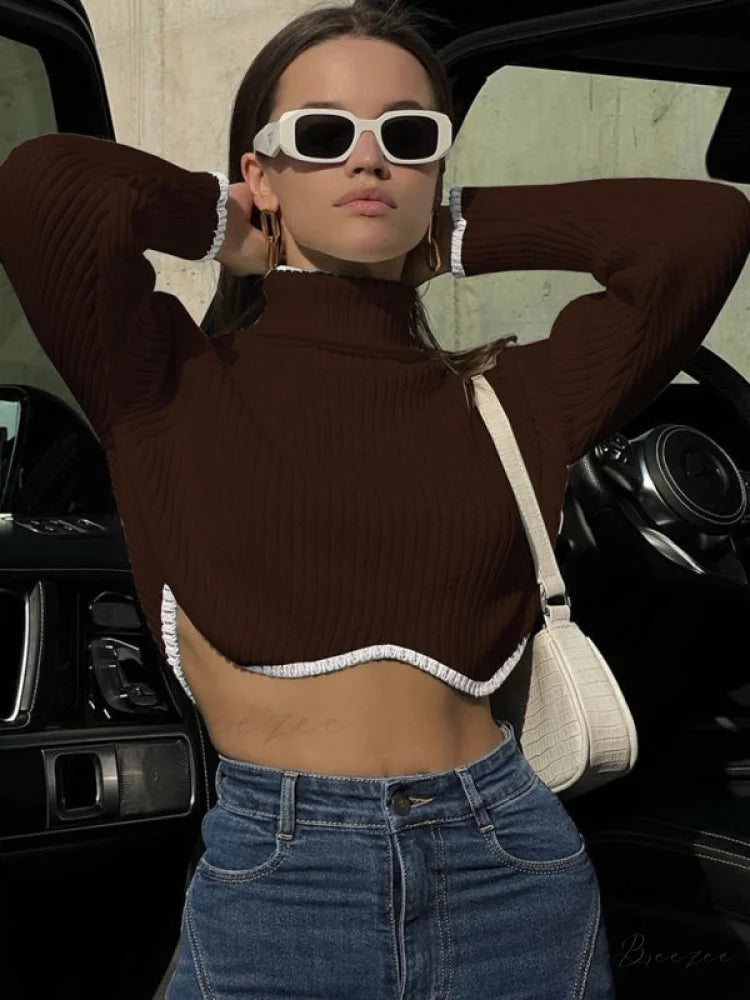 irregular sweater with hem turtleneck top short sleeve turtle long Women’s crop neck Coffe / S