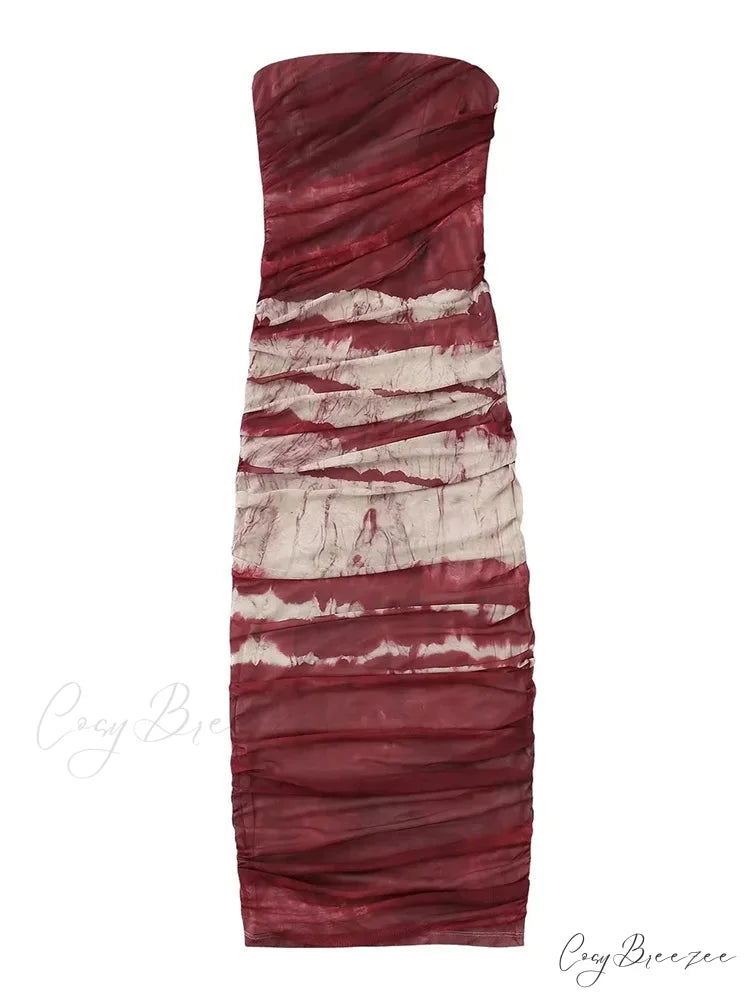 Irregular Tie Dyeing Print Tube for Women Summer Beach Party Clubwear Strapless Off Shoulder Ruched Dress