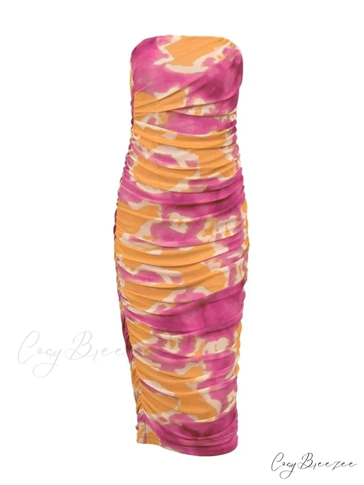 Irregular Tie Dyeing Print Tube for Women Summer Beach Party Clubwear Strapless Off Shoulder Ruched Dress