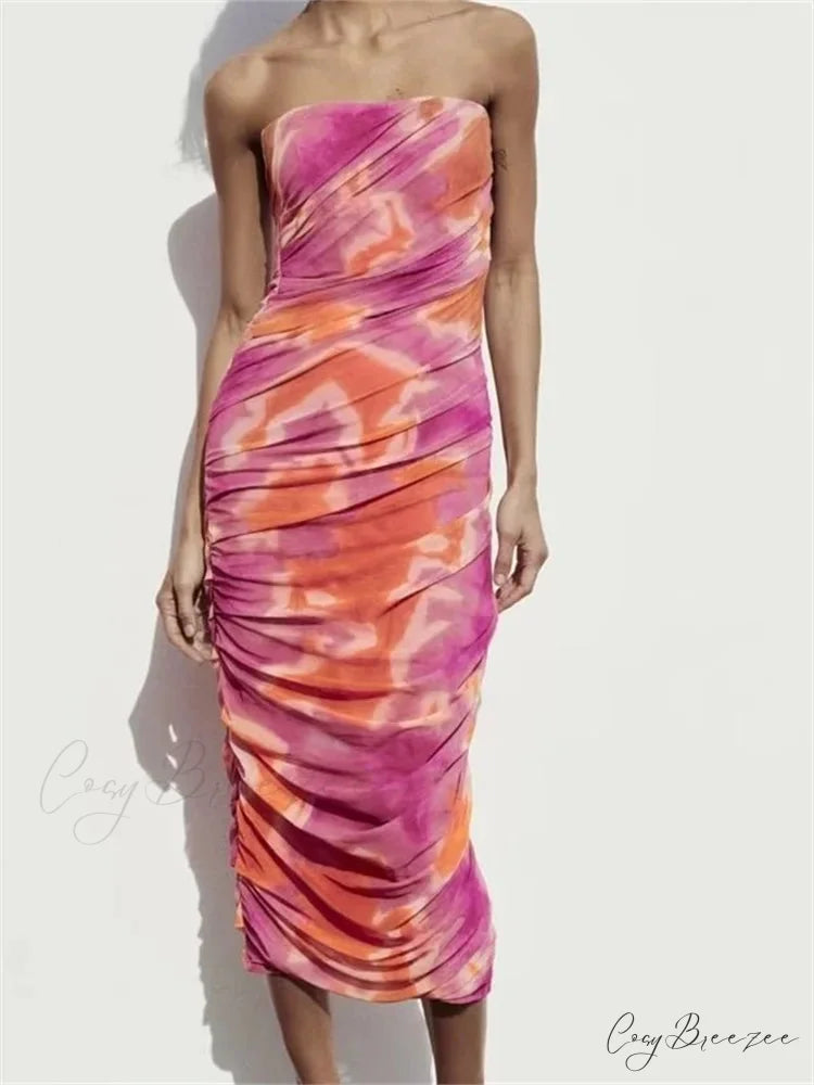 Irregular Tie Dyeing Print Tube for Women Summer Beach Party Clubwear Strapless Off Shoulder Ruched Dress PEACH / S