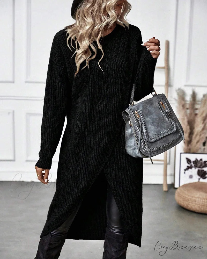 irregular with Solid color sweater dress hem