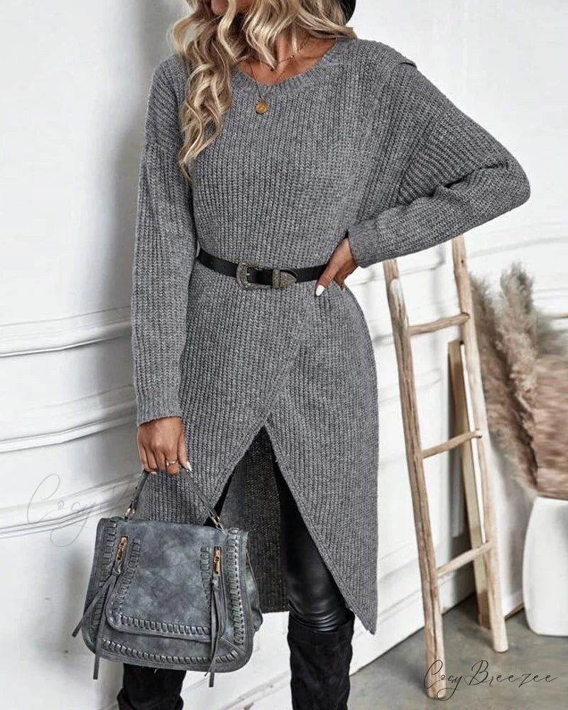 irregular with Solid color sweater dress hem