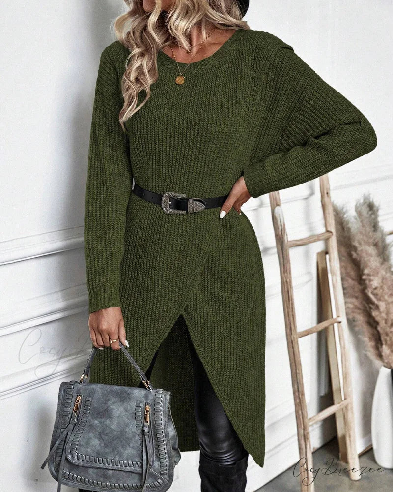 irregular with Solid color sweater dress hem