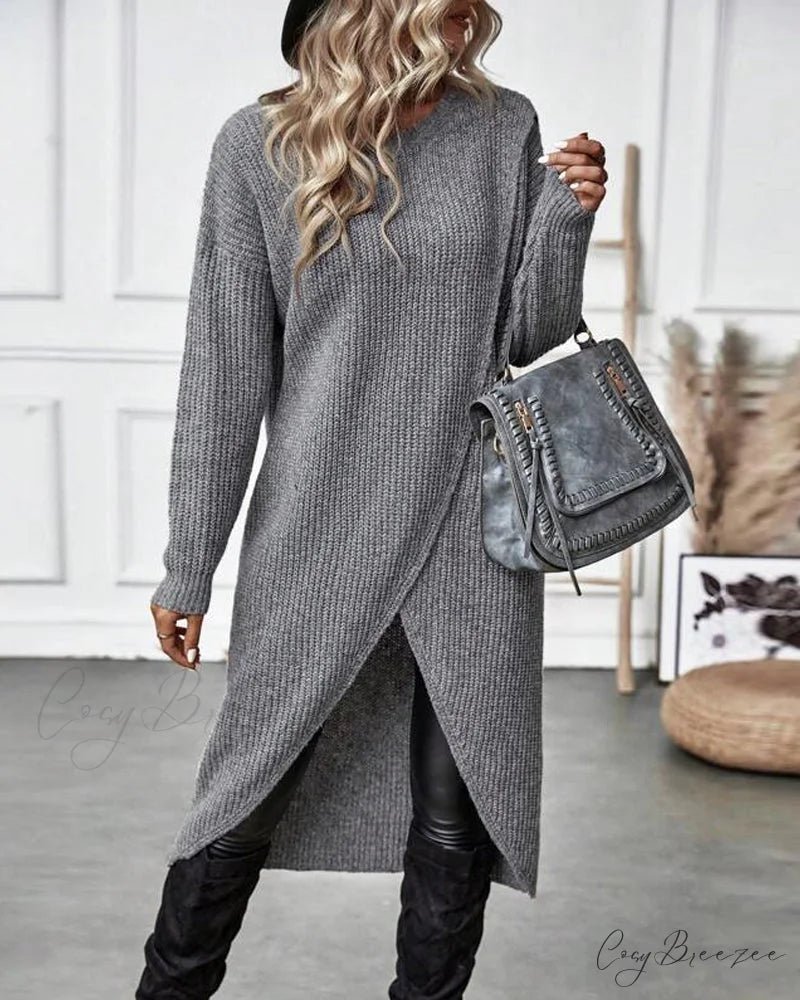 irregular with Solid color sweater dress hem