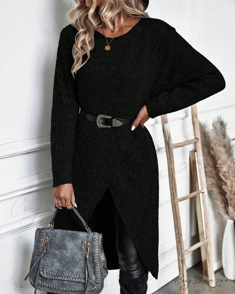 irregular with Solid color sweater dress hem