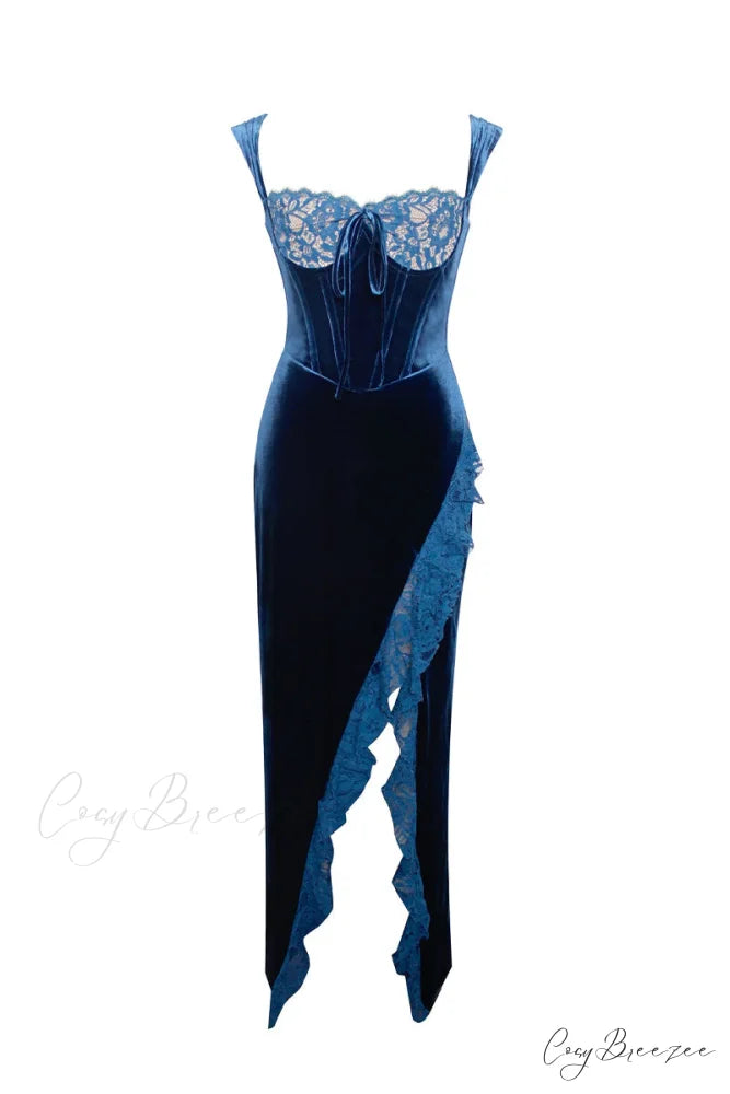 Issa Blue Lace Trendy Velvet Maxi Dress