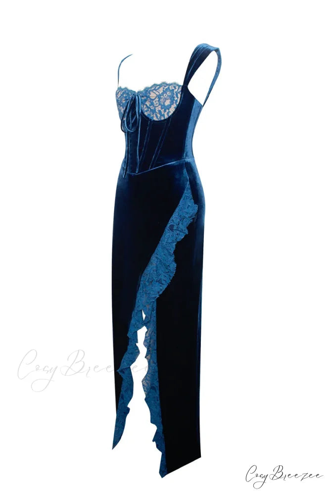 Issa Blue Lace Trendy Velvet Maxi Dress