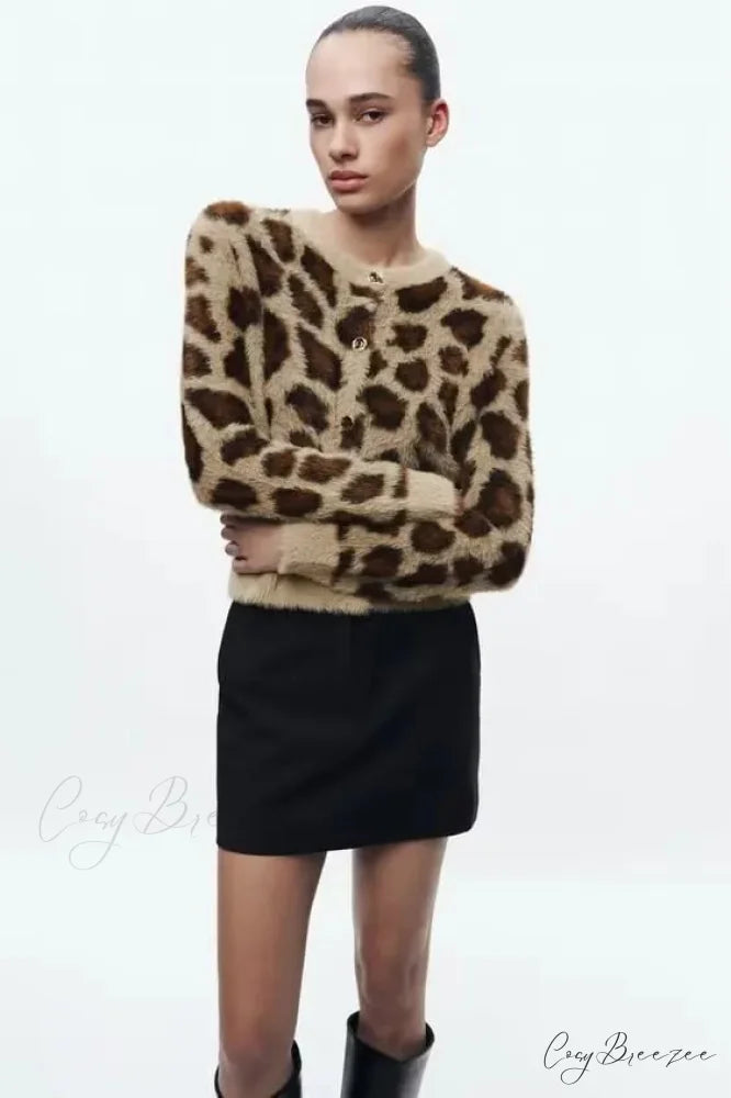 Jacquard Faux Fur Leopard Print Cardigan cardigans-241228