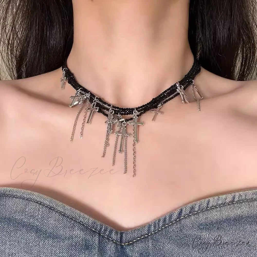Japanese Dark Cross Layered Tassel Red Beaded Punk Choker Necklace BLACK