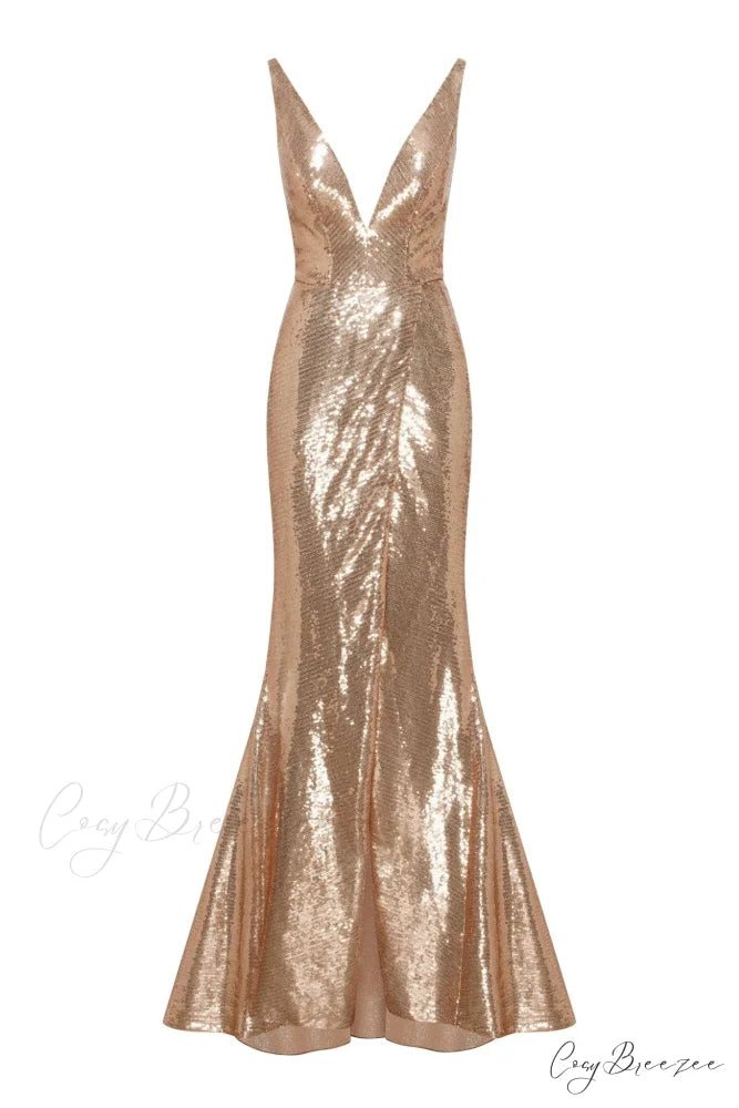 Jaw-Dropping Sequined Lace Maxi Graceful Dress And Gloves Set XXS / Golden