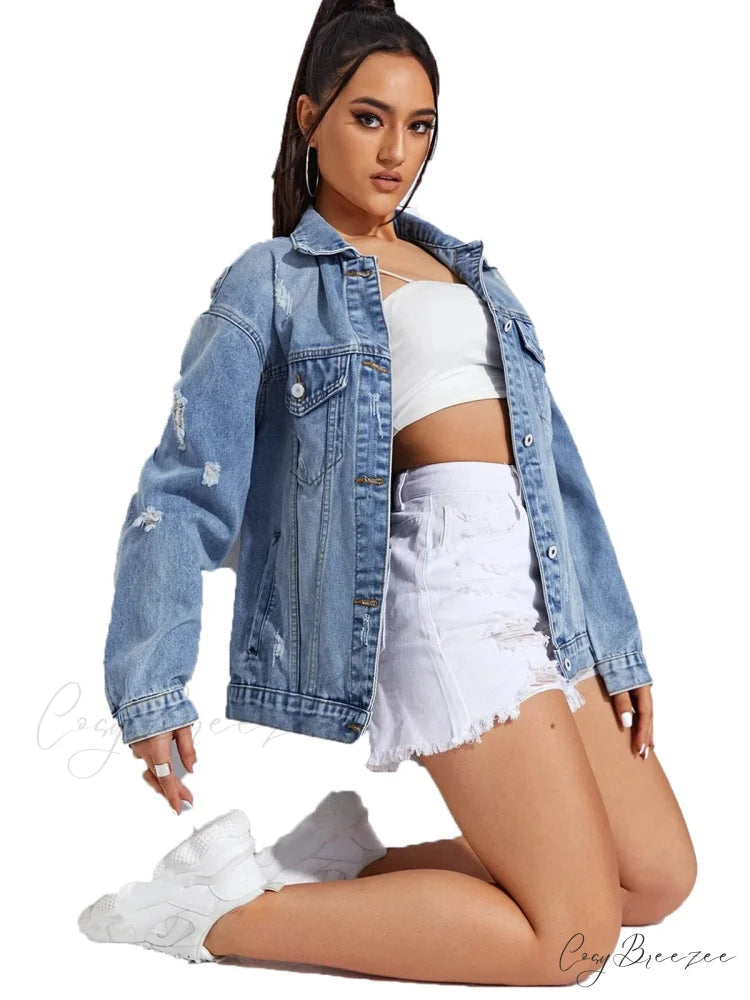 Jean Button Down Long Sleeve Denim With Pockets Jacket