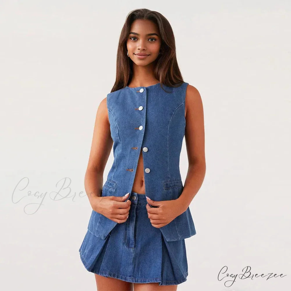 Jean Plain Buttoned Sleeveless Work Set denim skirt set / S officetwopieceset-250223